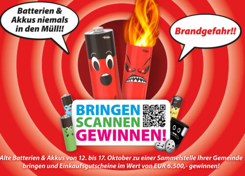 Grafik zur Aktionswoche gegen Batteriebrände vom 12. bis 17. Oktober 2026 mit brennendem Akku, bunten Batterien, Warnhinweis und QR-Code zum Gewinnspiel der Kampagne „Her mit Leer“. Foto: Elektroaltgeräte Koordinierungsstelle Austria GmbH